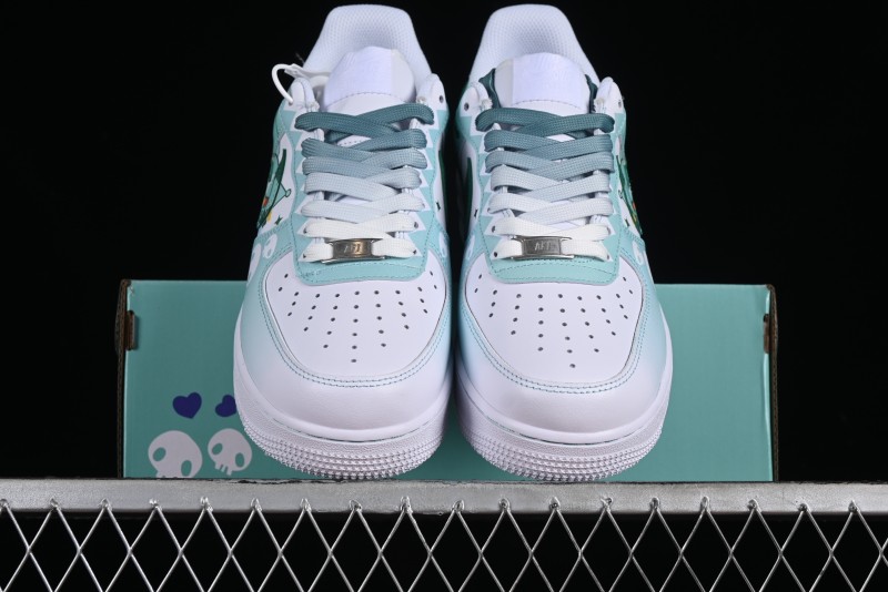 Nike Air Force 1 '07 Low Witch Collaboration Custom Leather Sneakers with Skull and Gradient White-Green Design - CW2288-111