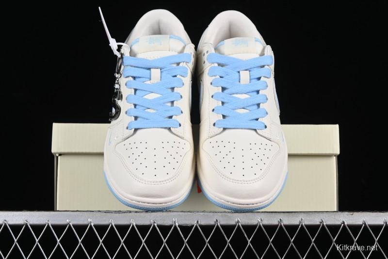 Stussy x Nike Dunk Low SB Skate Shoes in White with Light Blue Swoosh - DQ1098-380