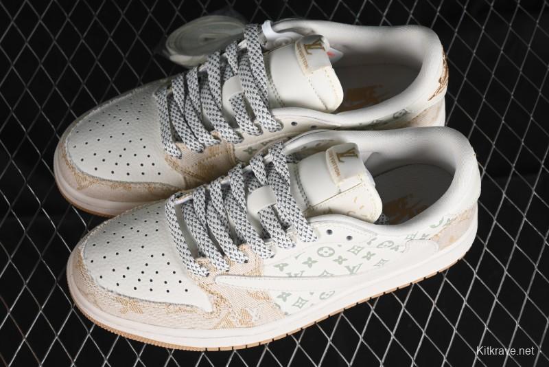 Nike Travis Scott x Fragment Design x Jordan Air Jordan 1 Low OG SP AJ1 LV Khaki Denim Casual Sneakers - SJ2068-009