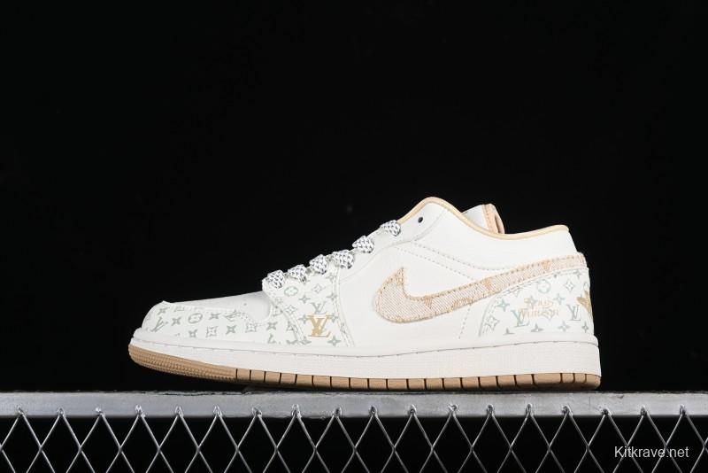 Nike Air Jordan 1 Low AJ1 Louis Vuitton Print Khaki Custom High-End Low-Top Basketball Shoes - SJ9950-004