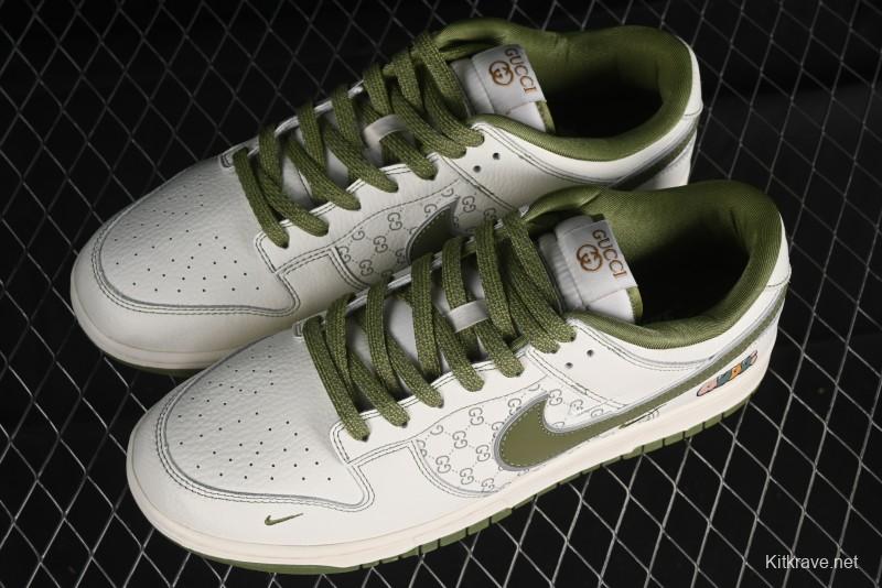 Nike SB Dunk Low Gucci Collaboration - Subtle Pattern Beige Green Swoosh Anniversary Custom Low-Top Casual Sneakers - KK1888-006