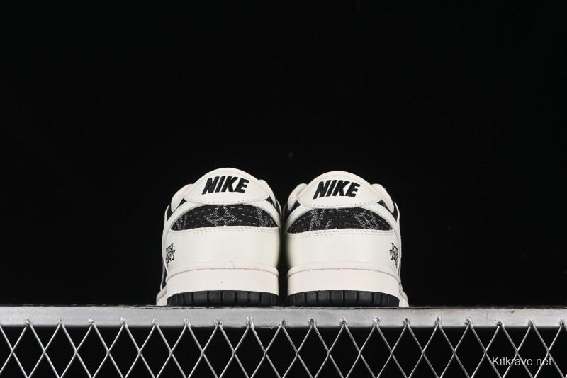 Nike SB Dunk Low LV Collaboration - Beige Black Printed Denim Anniversary High-End Custom Low-Top Casual Skate Shoes - XB3802-357