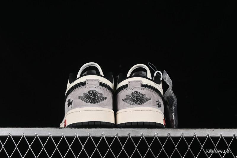 Nike Air Jordan 1 Low Stussy Collaboration - Grey Black Red Label Retro Basketball Shoes - SJ9950-034