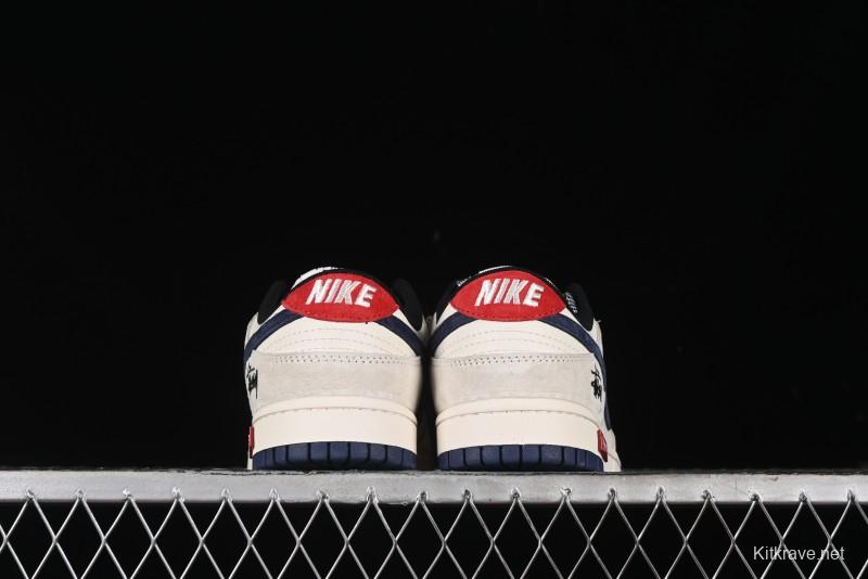 Nike SB Dunk Low Supreme x Stussy Triple Collaboration - Off White Navy Swoosh Anniversary Custom Low-Top Casual Sneakers - SJ2068-301