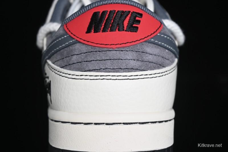 Nike SB Dunk Low Stussy Collaboration - Lace-Up Grey White Grey Check Anniversary High-End Custom Low-Top Casual Skate Shoes - YX5066-207