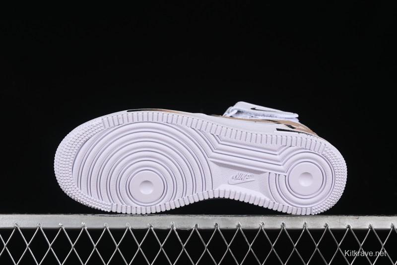 Nike Air Force 1 '07 Mid Hand-Painted White Black Brown with Swoosh Shadow Strap Mid-Top Casual Sneakers - CW2289-111