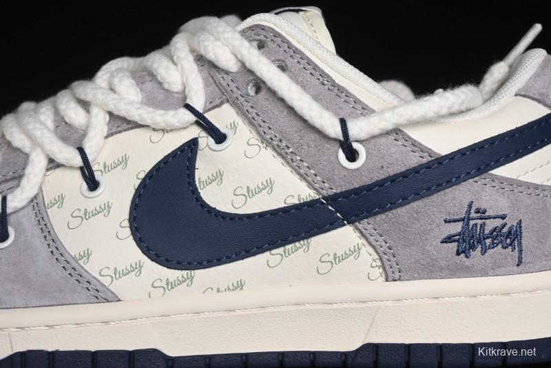 Nike SB Dunk Low Stussy Collaboration - Navy Blue Embroidery Swoosh Anniversary Custom Low-Top Casual Sneakers - SJ2068-296