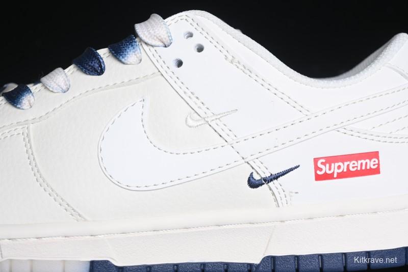 Nike SB Dunk Low Supreme Collaboration - White Blue Color Blocking with Mini Swoosh Anniversary Custom Edition Low-Top Casual Skate Shoes - BB8675-110