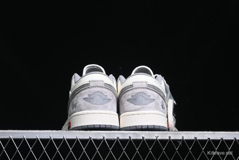 Nike Air Jordan 1 Low Stussy Collaboration - Grey White Dual-Tone Red Tag Retro Basketball Shoes - SJ9950-031