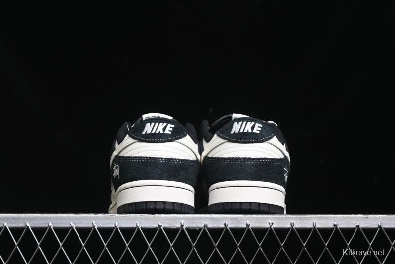 Nike SB Dunk Low Stussy Collaboration - Black White Mini Swoosh Anniversary Custom Low-Top Casual Skate Shoes - XY1688-017