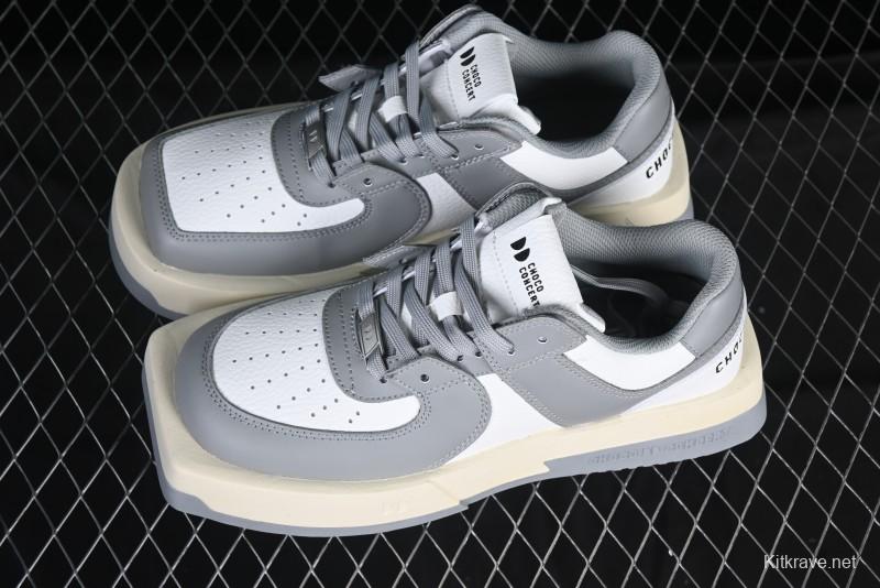 Choco Concert Leather Round Square Asymmetric Fashion Sneakers White Gray - AJE5