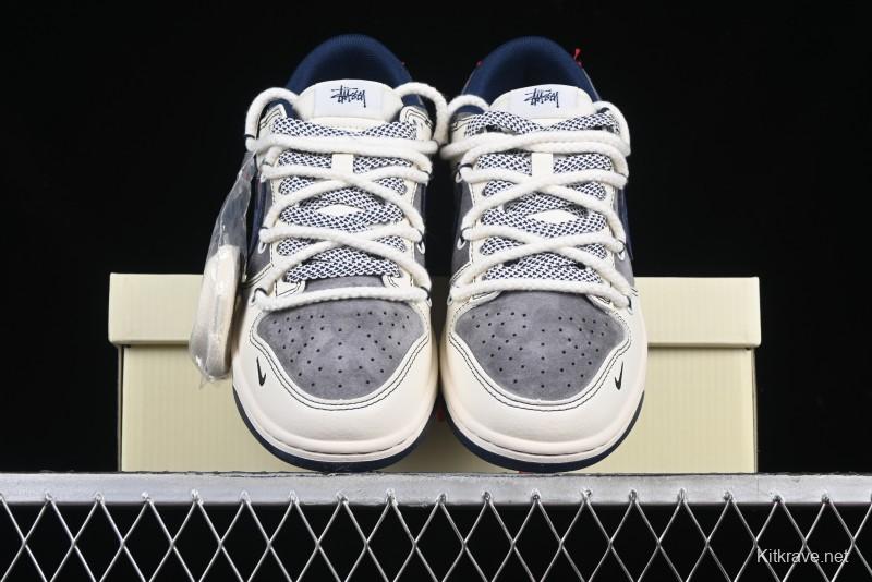 Nike SB Dunk Low Stussy Collaboration Anniversary Custom Low-Top Casual Sneakers with Strap in Beige Grey and Navy - YX5066-236