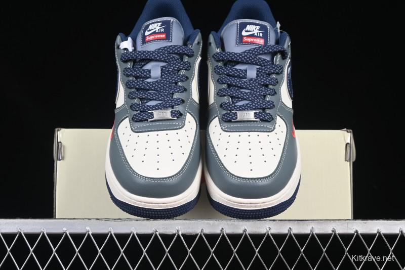 Nike Air Force 1 '07 Low Supreme Casual Sneakers in Grey Blue with Red Swoosh - XZ6188-382