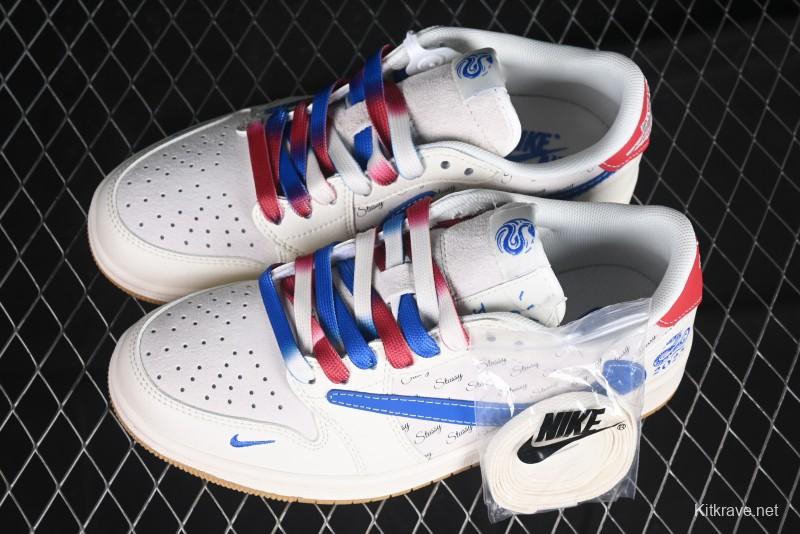 Nike Travis Scott x Fragment Design x Air Jordan 1 Low OG SP AJ1 Snake Year Limited Blue Swoosh Gum Sole Low-top Casual Sneakers - XS3086-011