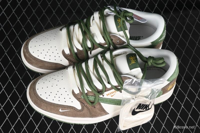 Nike Travis Scott x Fragment Design x Air Jordan 1 Low OG SP AJ1 Stussy Collaboration Suede Green Low Top Casual Sneakers - XS3186-202