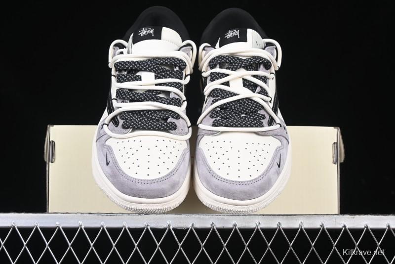 Nike Travis Scott x Fragment Design x Air Jordan 1 Low OG SP AJ1 Stussy Collaboration - Black Hook Dual-Tone Drawstring Low-Top Casual Sneakers - SJ0086-139