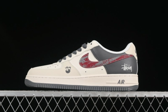 Nike Air Force 1 '07 Low Stussy Collaboration Render Red Swoosh Casual Sneakers - XS1958-573