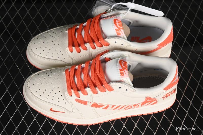 Nike Travis Scott x Fragment Design x Air Jordan 1 Low OG SP AJ1 Stussy Collaboration Summer Orange Low-Top Casual Sneakers - LD2025-020