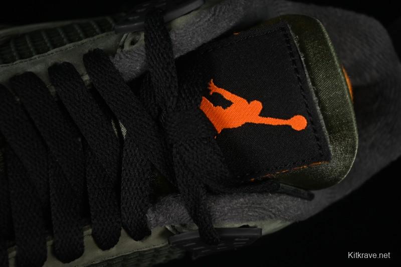 Nike Undefeated x Air Jordan 4 OG Sneakers in Olive Green Suede with Orange and Black Accents - IB1519-200