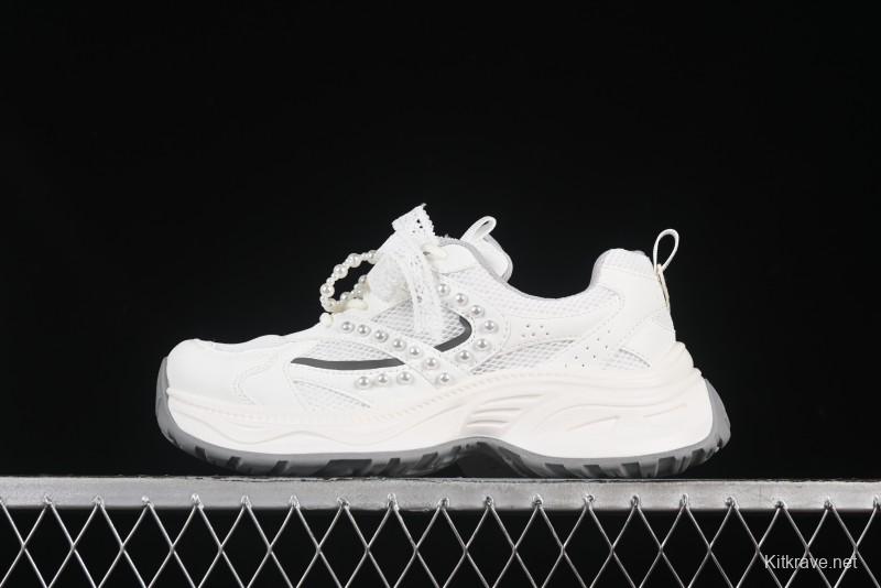 GG-CC Lace Pearl Chain Casual Platform Dad Shoes - 250310 White