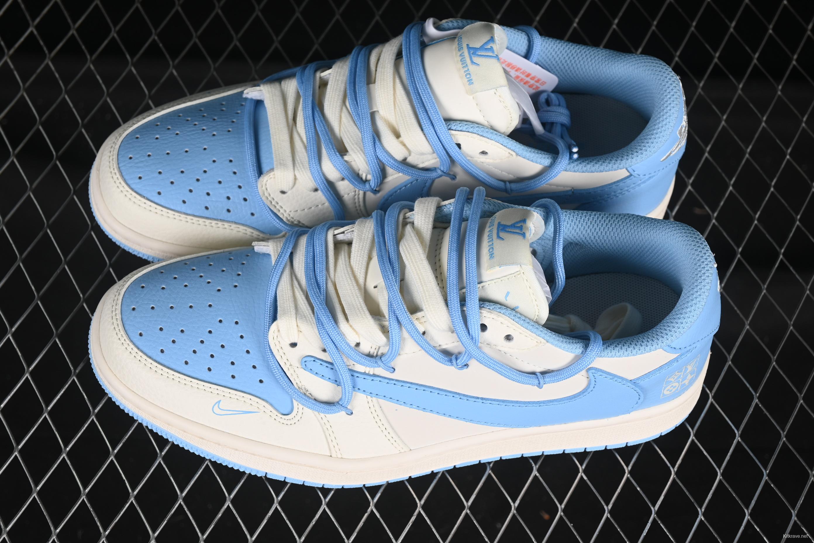 Nike Travis Scott x Fragment Design x Air Jordan 1 Low OG SP AJ1 LV Collaboration Sky Blue Drawstring Low-Top Casual Sneakers - DM6868-107