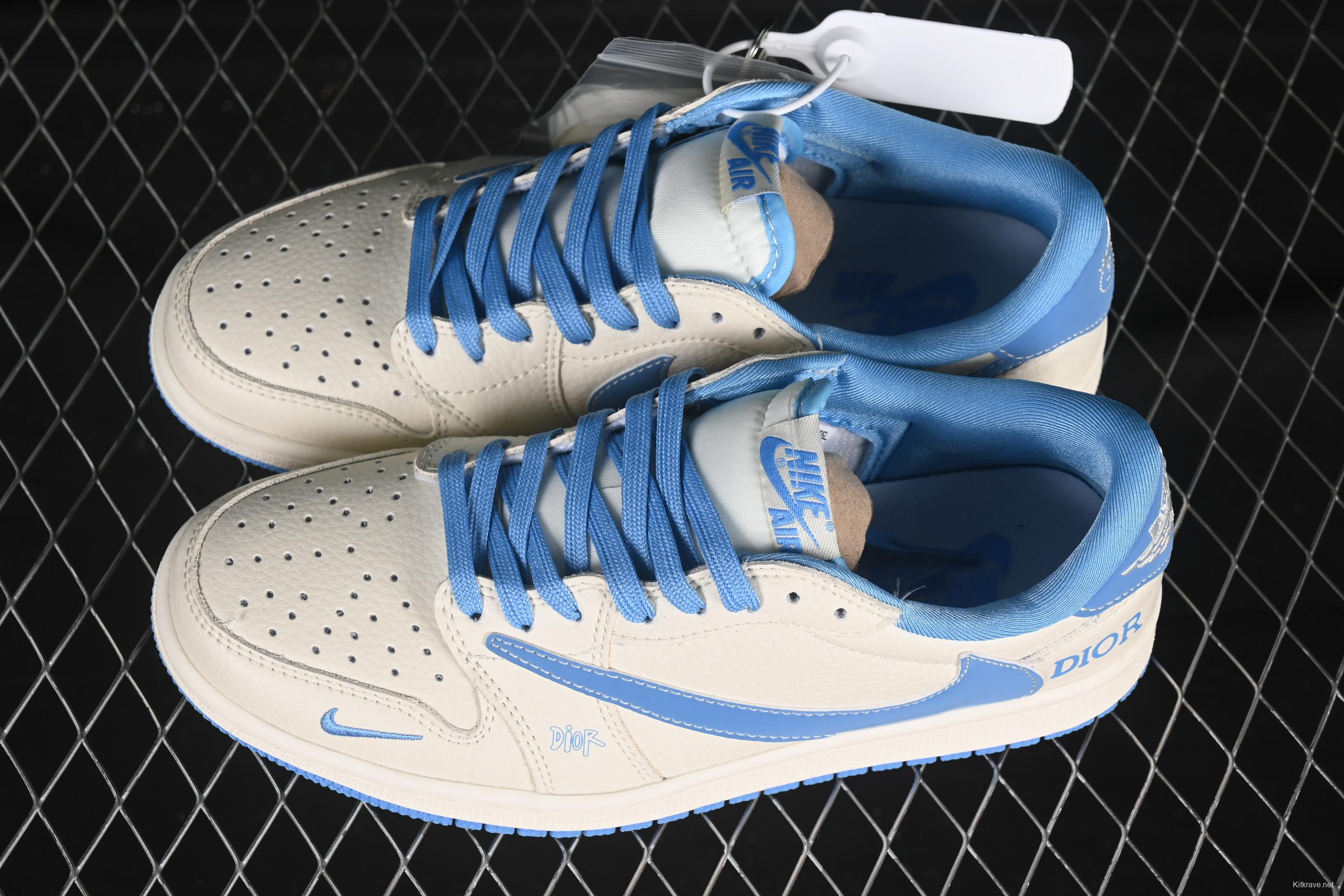 Nike Travis Scott x Fragment Design x Air Jordan 1 Low OG SP AJ1 Collaboration Sneakers in Sky Blue and Off-White - LD2025-028