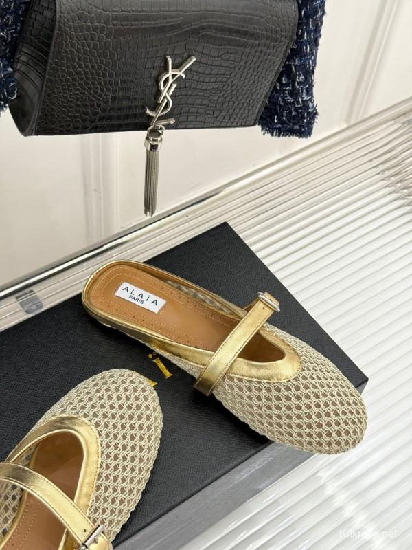 2025 Slippers AlAIA Gold Mesh Leather Slippers