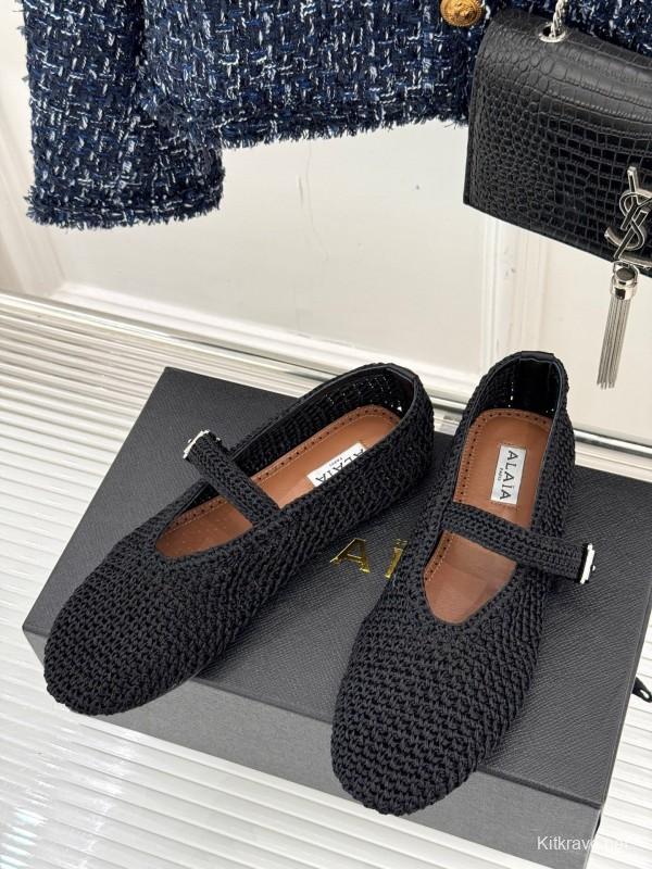 2025 Women AlAIA Black Woven Leather Mary Jane KFY00310
