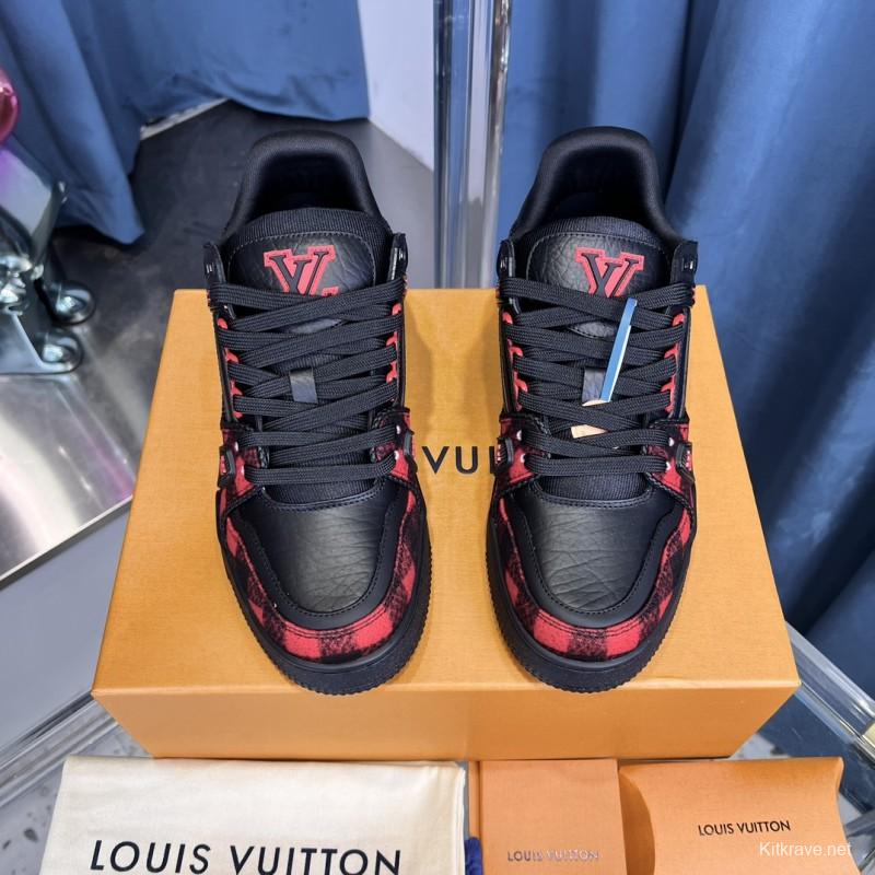 2025 Unisex Louis Vuitton Black Red Leather Sneakers