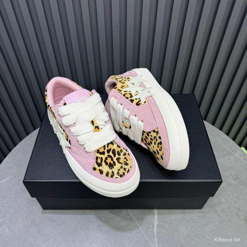 2024 Women Amiri Pink Leopard Canvas Leather Sneakers MJ00300