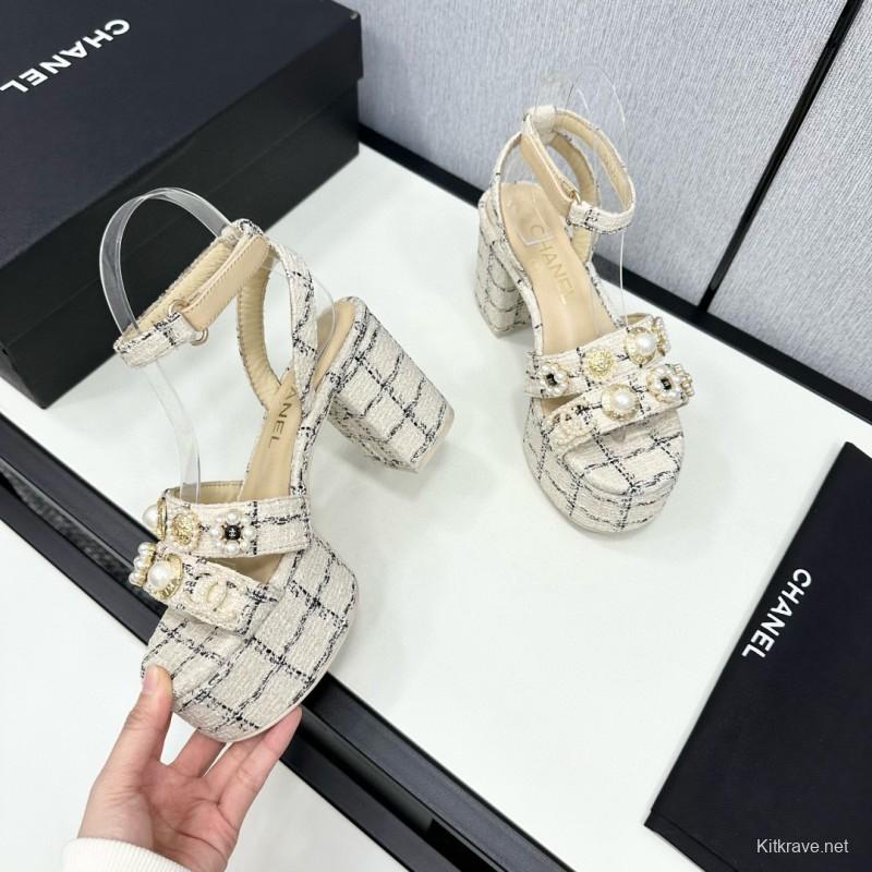 2025 Women Chanel Beige Black Tweed Leather Platform Sandals MJ00310