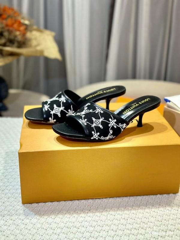 2025 Women Louis Vuitton Black White Embroidered Leather Heeled Sandals