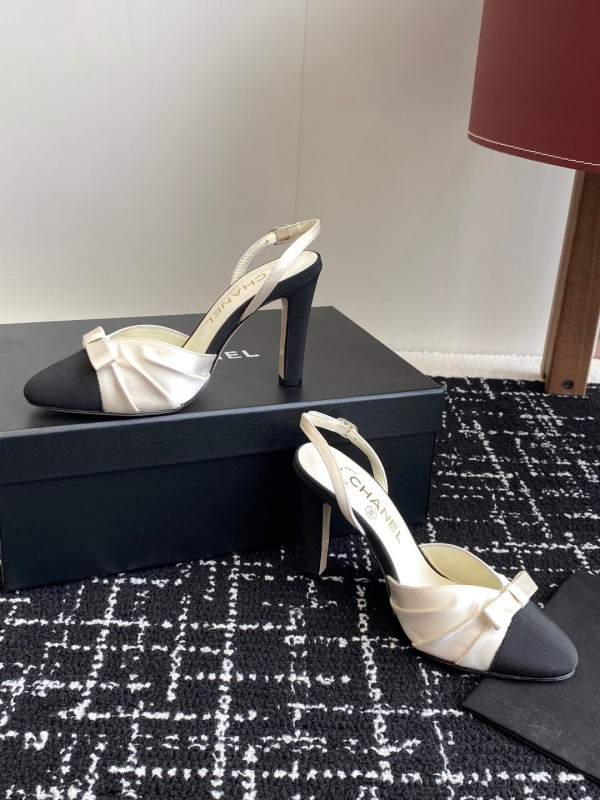 2025 Women Chanel Black White Satin Leather Slingback Heels
