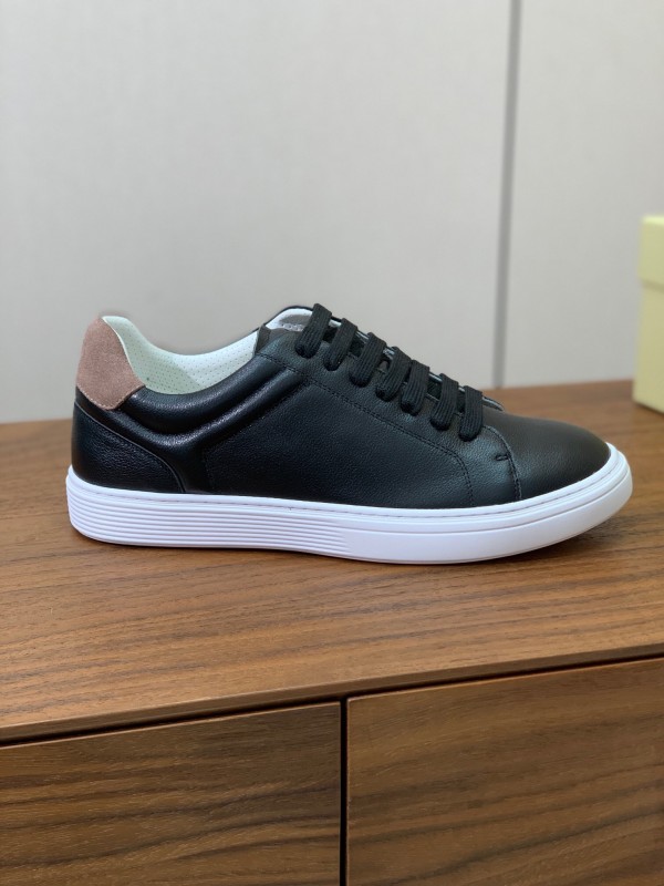 2025 Men Brunello Cucinelli Black Leather Casual Sneakers With White Rubber Sole And High Elasticity Insole KFY00310(M)