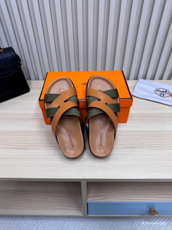 2025 Slippers Hermès Brown Green Leather Fabric Slippers