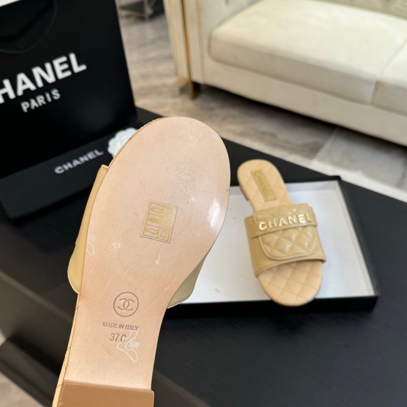 2025 Women Chanel Beige Leather Slippers