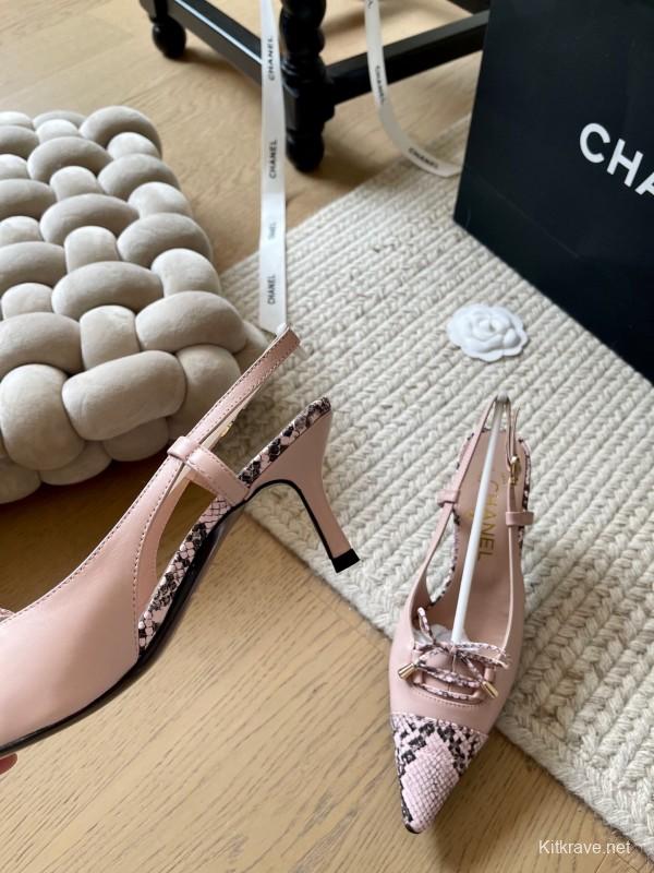 2025 Women Chanel Pink Python Leather Bow High Heels KFY00320