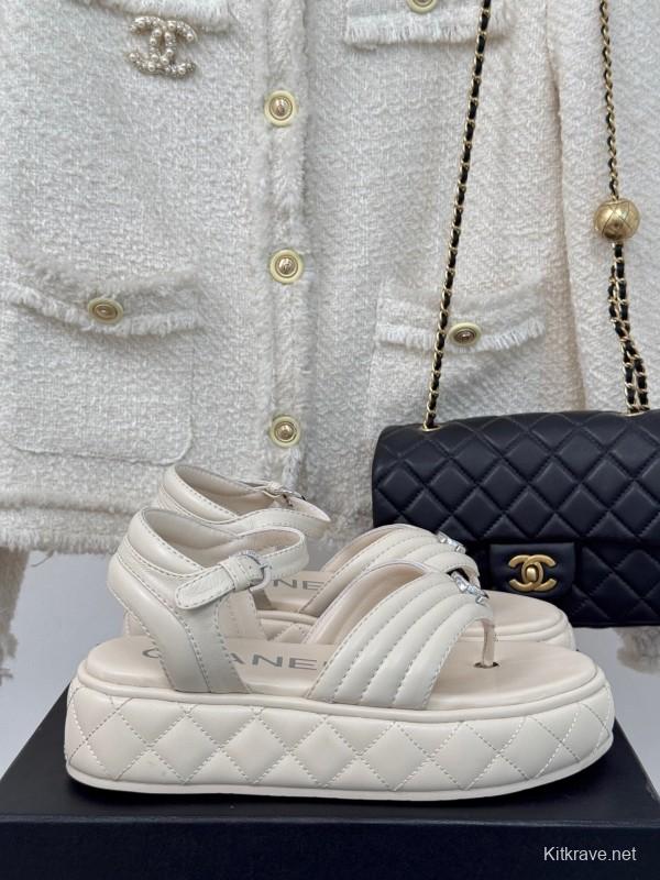 2025 Women Chanel White Leather Sandals