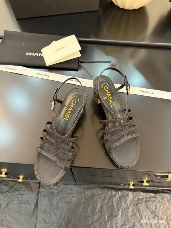 2025 Women Chanel Black Leather Sandals KFY00289