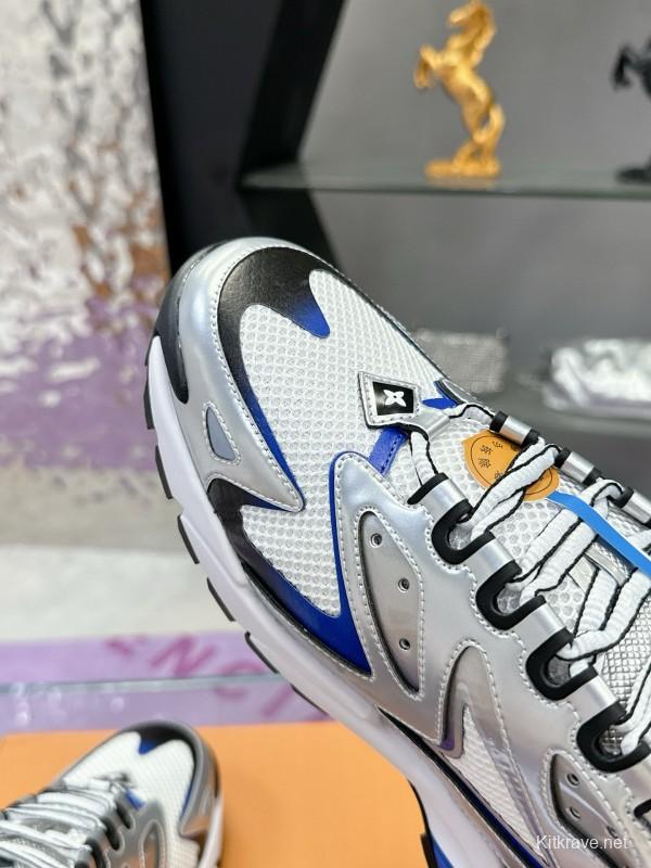 2025 Men Louis Vuitton White Blue Leather Mesh Sneakers MJ00420