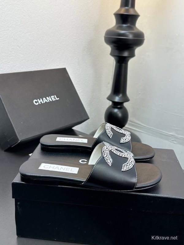 2025 Women Chanel Black Leather Rhinestone Logo Slide Sandals LY00360(F)