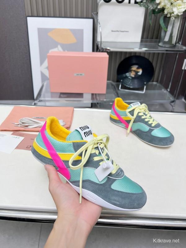 2025 Women Miu Miu Blue Grey Pink Yellow Suede Mesh Sneakers G027