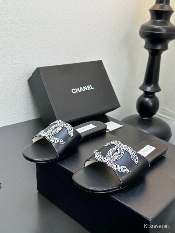 2025 Women Chanel Black Leather Rhinestone Logo Slide Sandals LY00360(F)