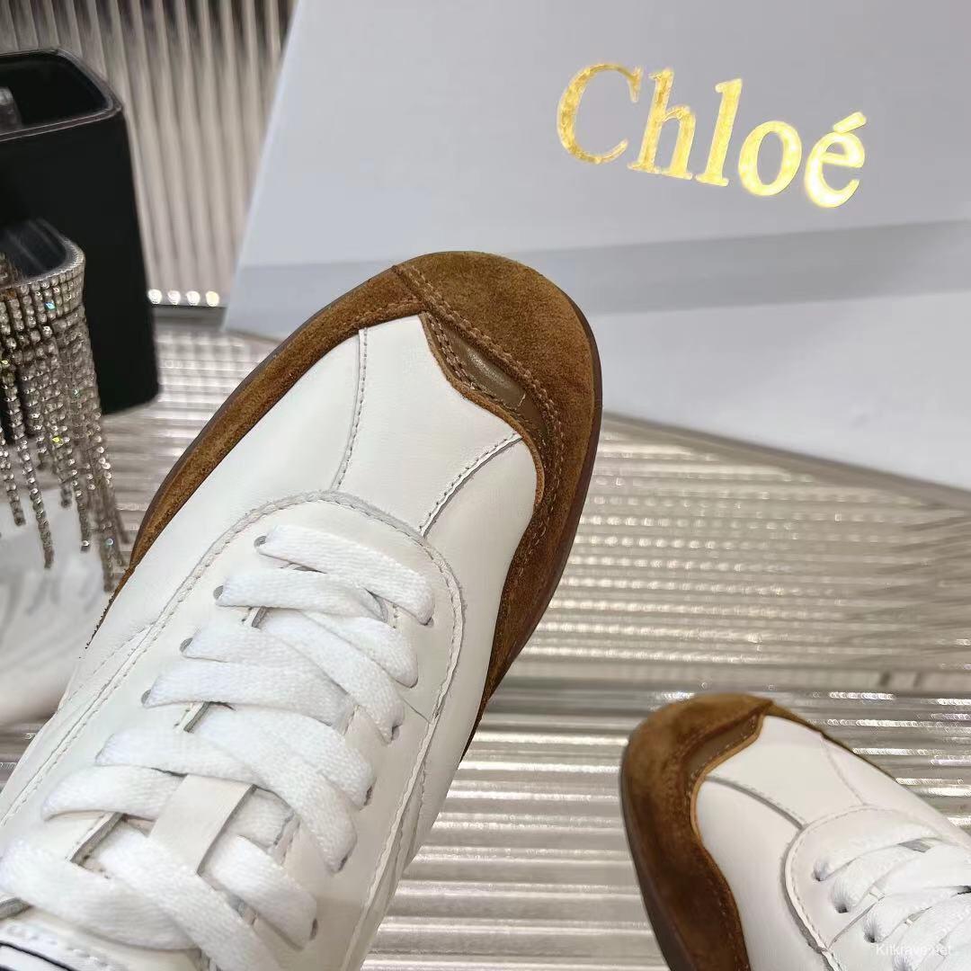2025 Women Chloé White Brown Leather Suede Sneakers LY00300