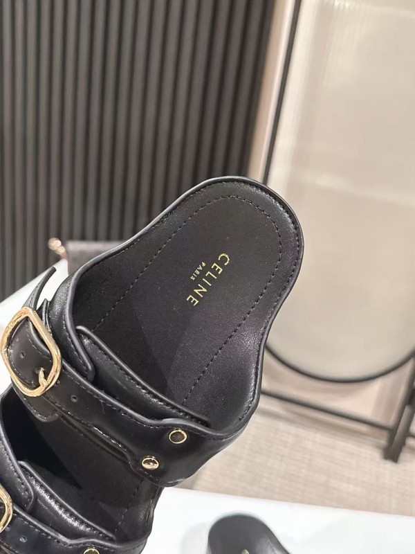 2025 Women Celine Black Leather Platform Slide Sandals LY00300