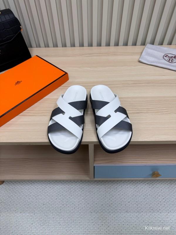 2025 Men Hermès White Black Leather Slippers