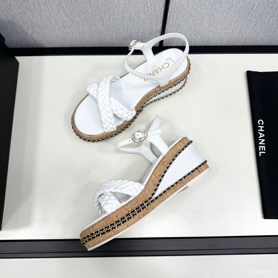 2025 Women Chanel White Leather Wedge Sandals
