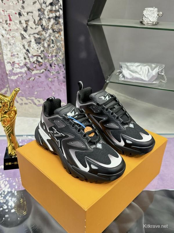 2025 Men Louis Vuitton Black Grey Mesh Leather Sneakers MJ00420