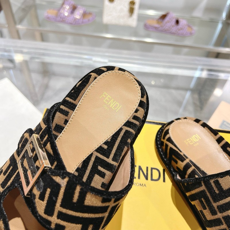 2025 Fendi Black Beige Jacquard Fabric Leather Slippers