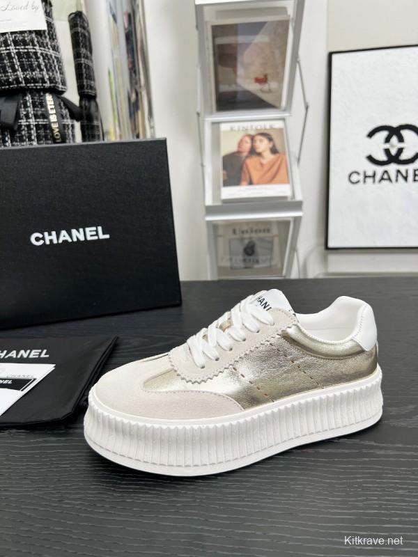 2025 Women Chanel White Gold Leather Suede Sneakers LY00270